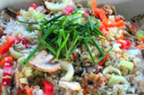 brown rice salad with mushrooms and chives